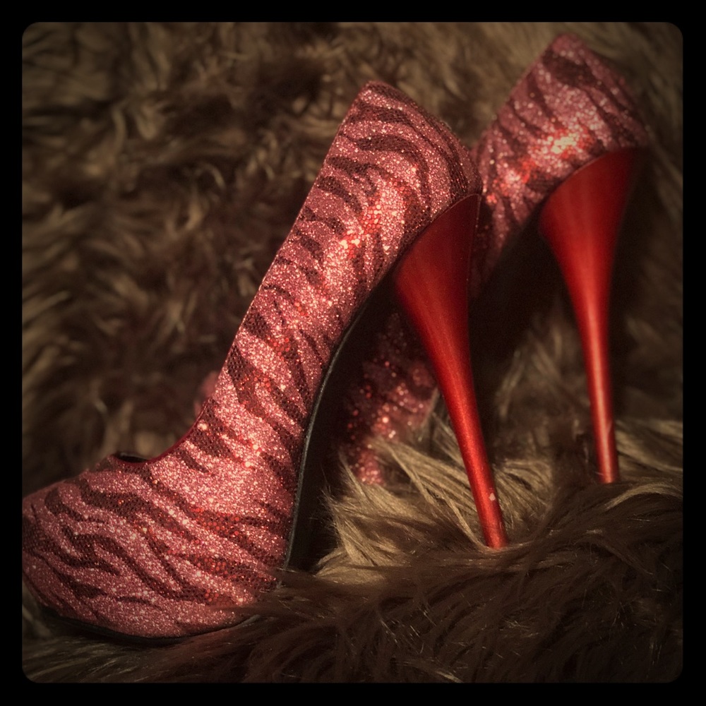 Shi size 6 red and pink zebra glitter heels